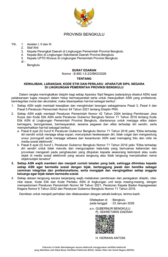 SURAT EDARAN KEWAJIBAN, LARANGAN, KODE ETIK DAN PERILAKU APARATUR SIPIL NEGARA DI LINGKUNGAN PEMERINTAH PROVINSI BENGKULU